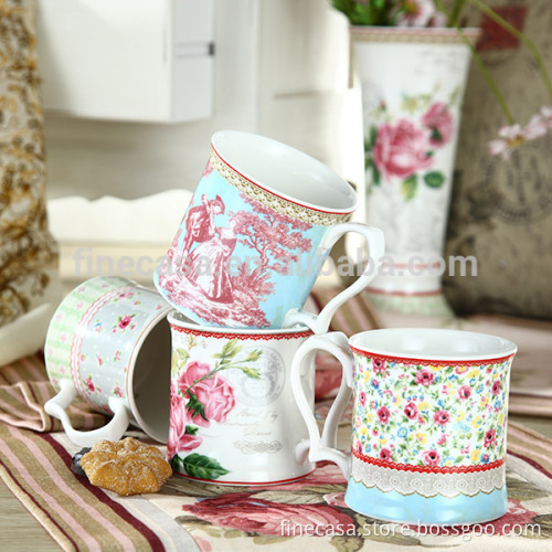 12OZ Elegant Grey Color Pattern Fine New Bone China Thick Ceramic Mug